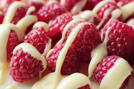 Raspberries with cream on a white plate. Shallow dof.の素材