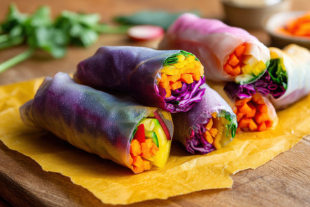 Vietnamese spring rolls with vegetables on a wooden cutting board.の素材