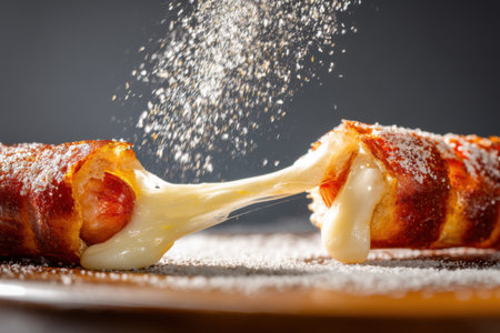 Sausage roll on a plate with sugar powder on a dark backgroundの素材