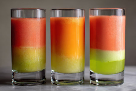 Three glasses of colorful watermelon and melon smoothies on gray backgroundの素材