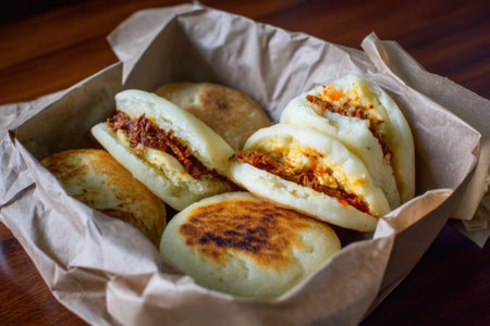 Fried buns stuffed with meat in a paper box on a wooden tableの素材