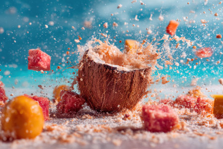 Falling fruits into the coconut with splashes on a blue backgroundの素材