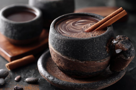 Cup of hot chocolate with cinnamon and cocoa beans on dark backgroundの素材