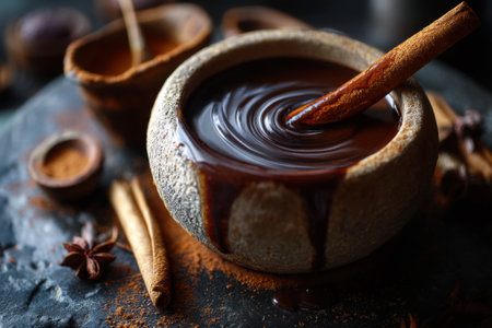 Bowl with hot chocolate and cinnamon on dark background, closeupの素材