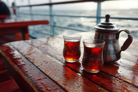 Two glasses of Turkish tea on the deck of a cruise ship.の素材