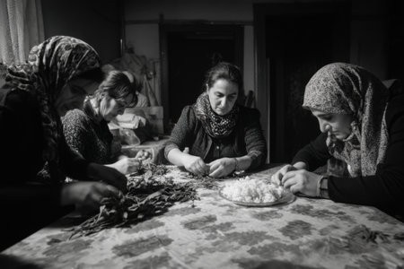 Muslim family sitting at the table and eating traditional ramadan food.の素材