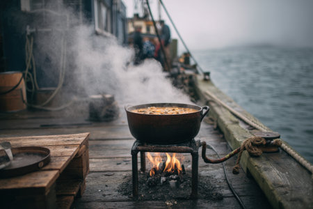 Cooking in a cauldron on an old wooden pier on the riverの素材