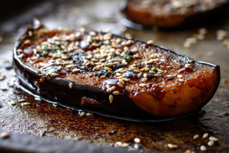 Grilled eggplant with sesame seeds on a rustic backgroundの素材