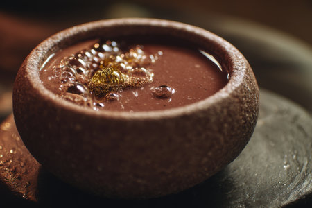 Aromatic hot chocolate in a clay bowl on a wooden tableの素材