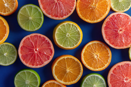 Variety of citrus fruit including lemons, lines, grapefruits and oranges.の素材