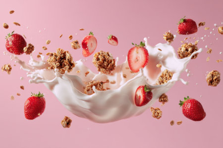Milk splash with falling strawberries and granola on pink background, closeupの素材