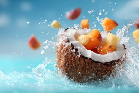 Fruit in coconut with splashes on blue background, closeupの素材