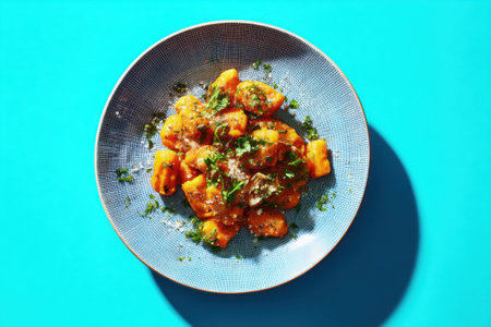 Baked potato with tomato sauce and parsley on a blue backgroundの素材