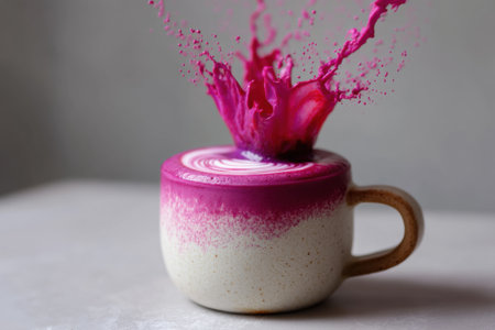 Colorful splashes in a cup of coffee on a gray backgroundの素材