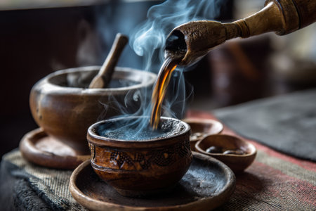 Pouring hot tea into a cup on a wooden table, selective focusの素材