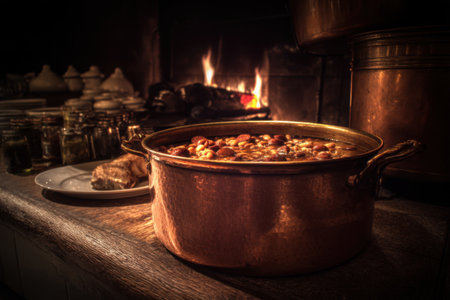 Casserole with meat on a wooden table in front of a fireplaceの素材