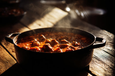 Meat goulash in a pot on a wooden table. Selective focus.の素材