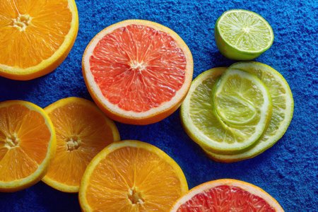 Citrus fruit background. Orange, lime, lemon, grapefruit.の素材