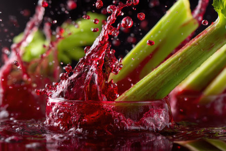 Fresh celery with drops of water on a black reflective background.の素材