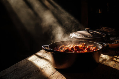 Close up view of cooking pot with meat sauce on dark background.の素材