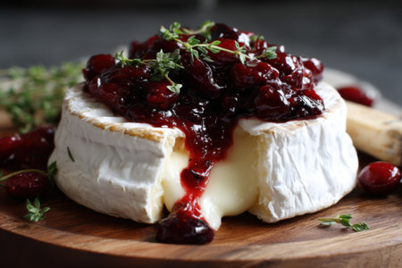 Camembert cheese with cranberries and thyme on wooden boardの素材
