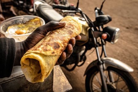 Tortilla wrap in the hands of a man on a motorbikeの素材