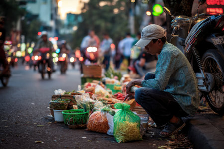A street vendor selling vegetables in Hanoi, Vietnam. Hanoi is the capital and largest city of Vietnam.の素材