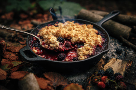 Homemade berry crumble in a cast-iron pan on an autumn backgroundの素材