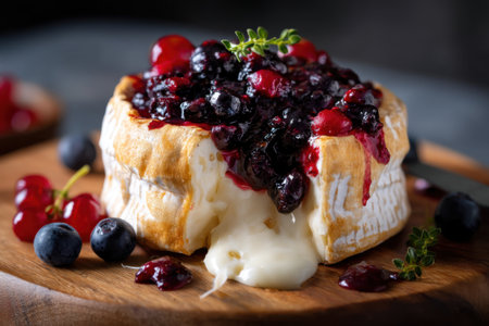 Cottage cheese with berry sauce on a wooden board, selective focus.の素材