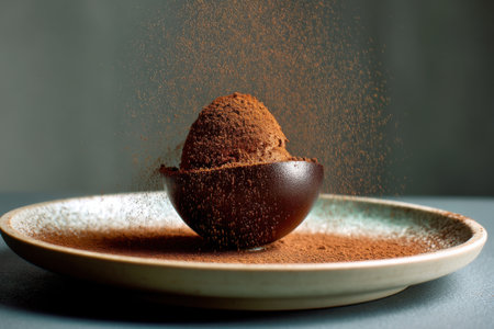 Chocolate truffles sprinkled with cocoa powder on a plate.の素材