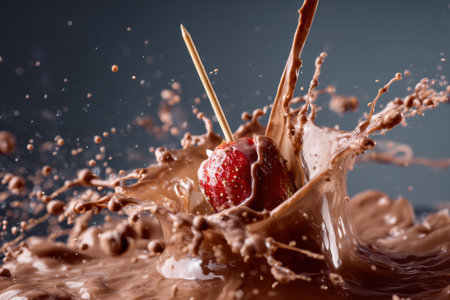 splash of chocolate and fruits on a wooden stick, closeupの素材