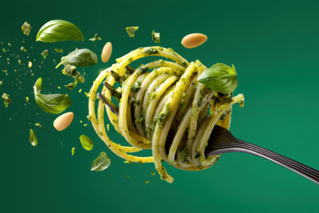 Spaghetti with pesto sauce on a fork, isolated on green backgroundの素材