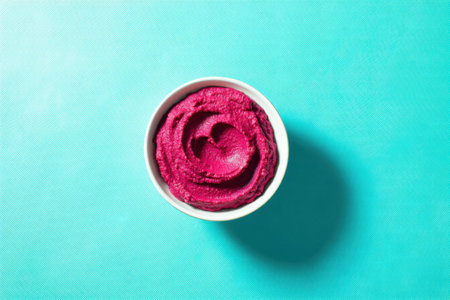 Homemade beet hummus in a bowl on a blue background.の素材