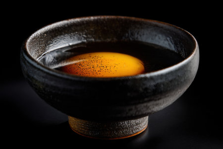 Japanese cuisine, Sake in a ceramic bowl on a black backgroundの素材