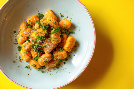 Homemade gnocchi with tomato sauce and parsley on yellow backgroundの素材