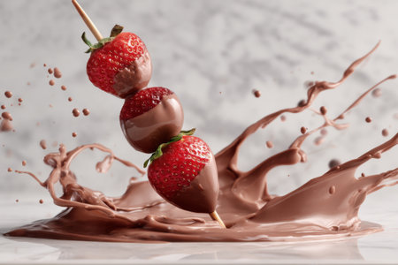strawberries dipped in chocolate, splashing milk, closeupの素材