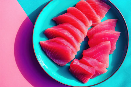 Fresh raw tuna fish on blue plate on pink and blue background. Toned.の素材