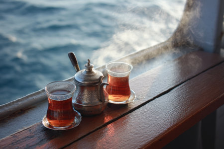 Turkish tea in glass cup and teapot on the boat.の素材