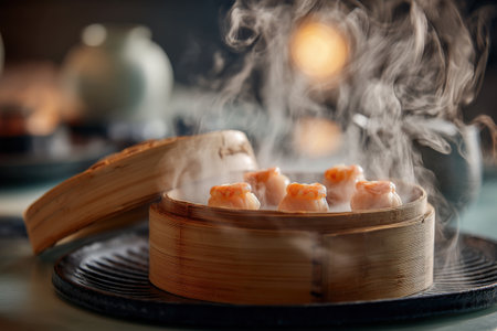 steamed dumpling dim sum in bamboo steamer on tableの素材