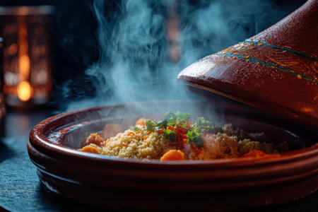 Couscous with meat and vegetables in a clay pot on a dark backgroundの素材