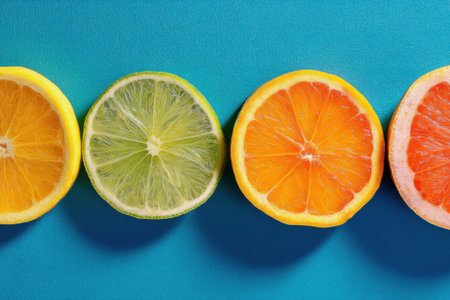 Slices of lime, lemon and orange on a blue backgroundの素材