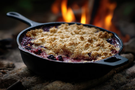 Crumble with blueberries in a cast-iron frying panの素材