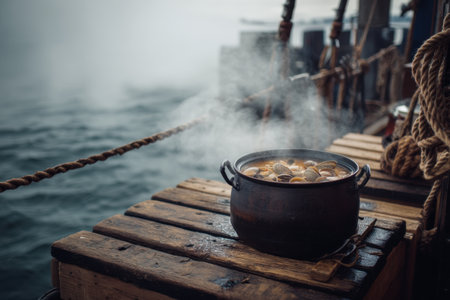 Cooking in a cauldron on the deck of a sailing shipの素材