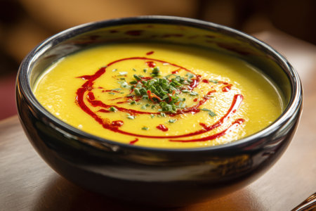 Pumpkin soup in a bowl on a wooden table in a restaurantの素材