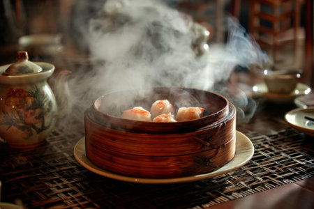 steamed dumpling in wooden bowl on table, chinese cuisineの素材