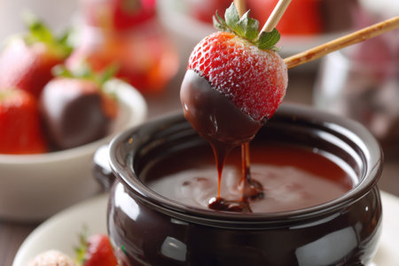 Chocolate fondue with strawberries on table close-up, horizontalの素材