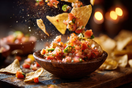 Fresh salsa with nachos on rustic background. Mexican foodの素材