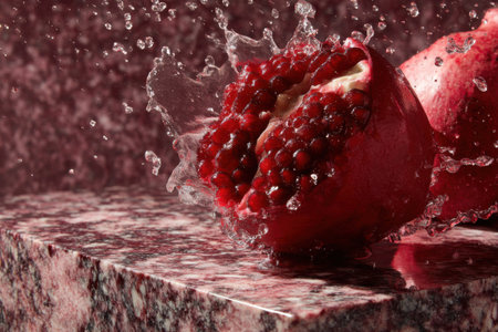 Pomegranate fruit with water splashle background, close upの素材