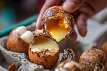 Eggshells in the hands of a woman. Close-up.の素材