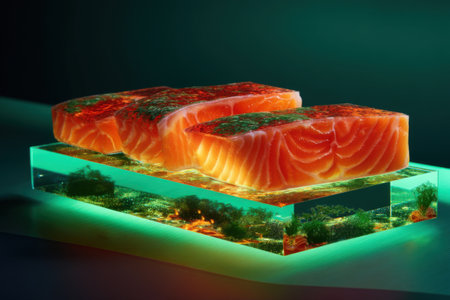 Slices of raw salmon on a glass plate with green algaeの素材